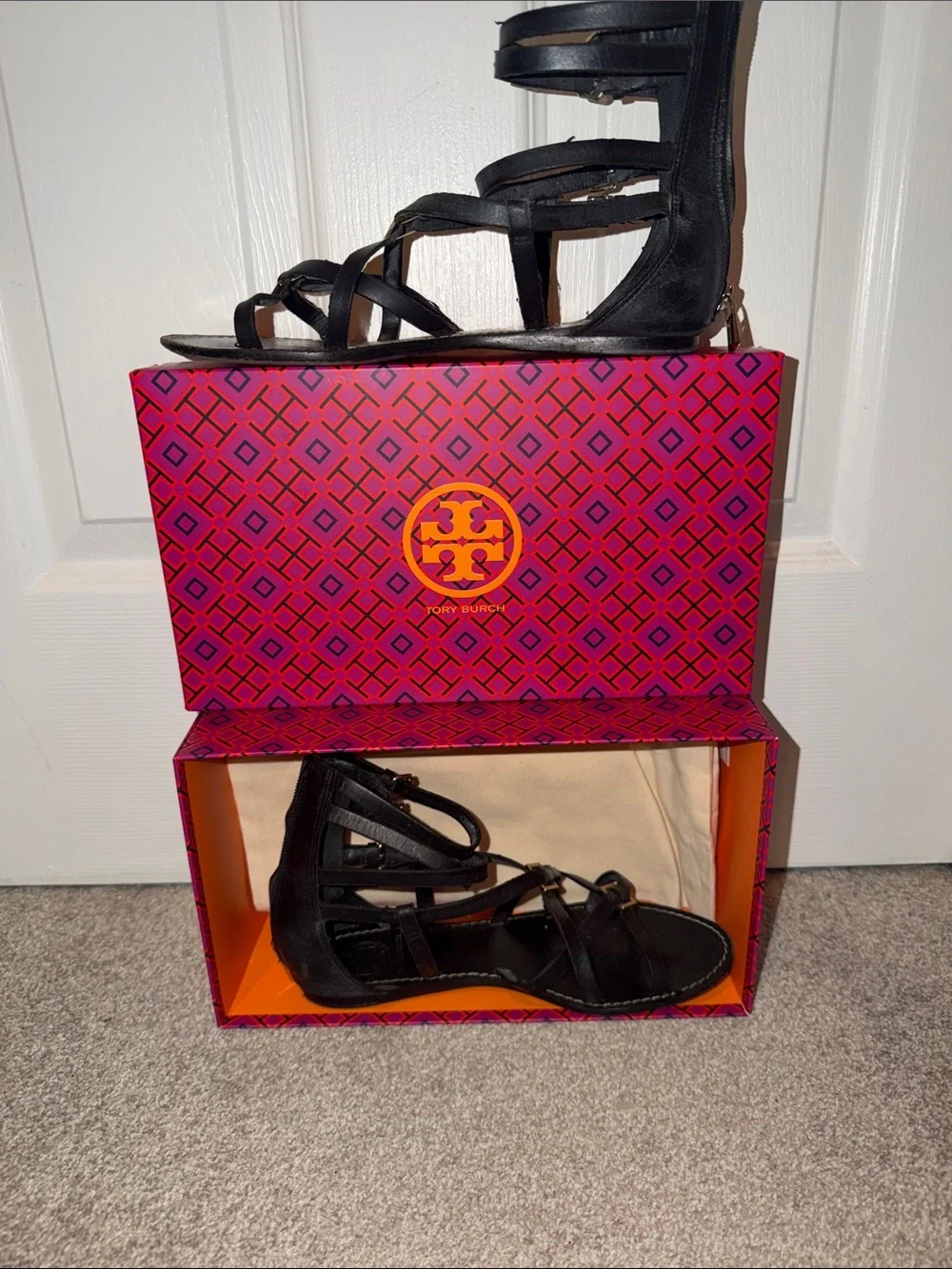 Tory Burch Black Leather Strappy Gladiator Sandals
